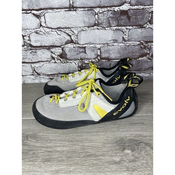 Evolv Defy Gray & Yellow Lace Up Climbing Shoes Fog Men Sz 12M US/46EU - Picture 1 of 16